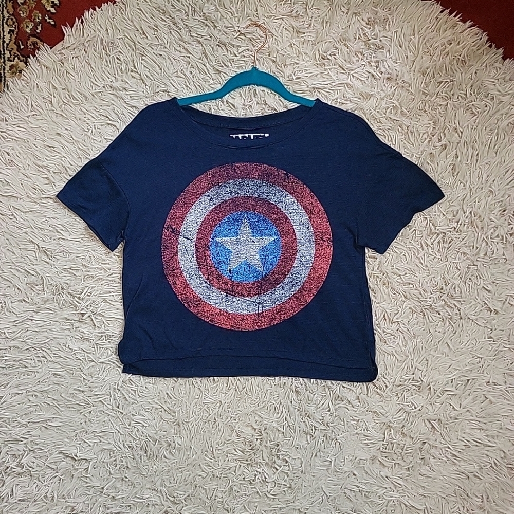 Womens Marvel Crop Top Captain America Size Small S Boxy Short Sleeve Blue ✨️💫